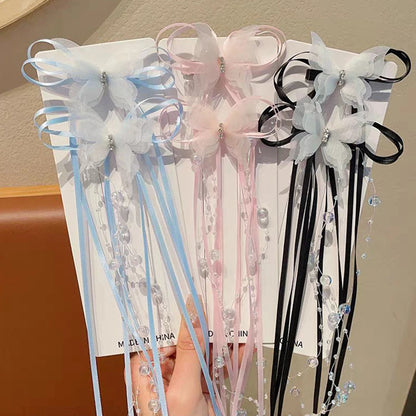 New Butterfly Tassel Baby Girl Hair Clips Sweet Long Ribbon Pearl Duck Tongue Clips Princess Sided Clips Kids Hair Accessories