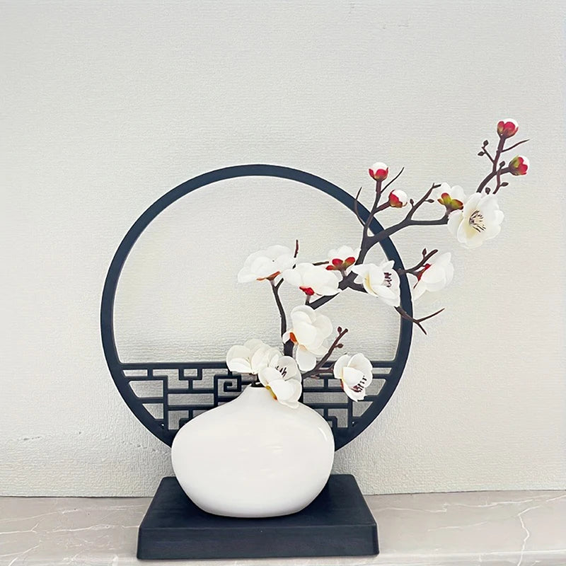 1Pc 15cm Elegant Artificial Plum Blossom Bonsai Set with Screen Base Chinese-Inspired Home & Office Decor Includes Pot