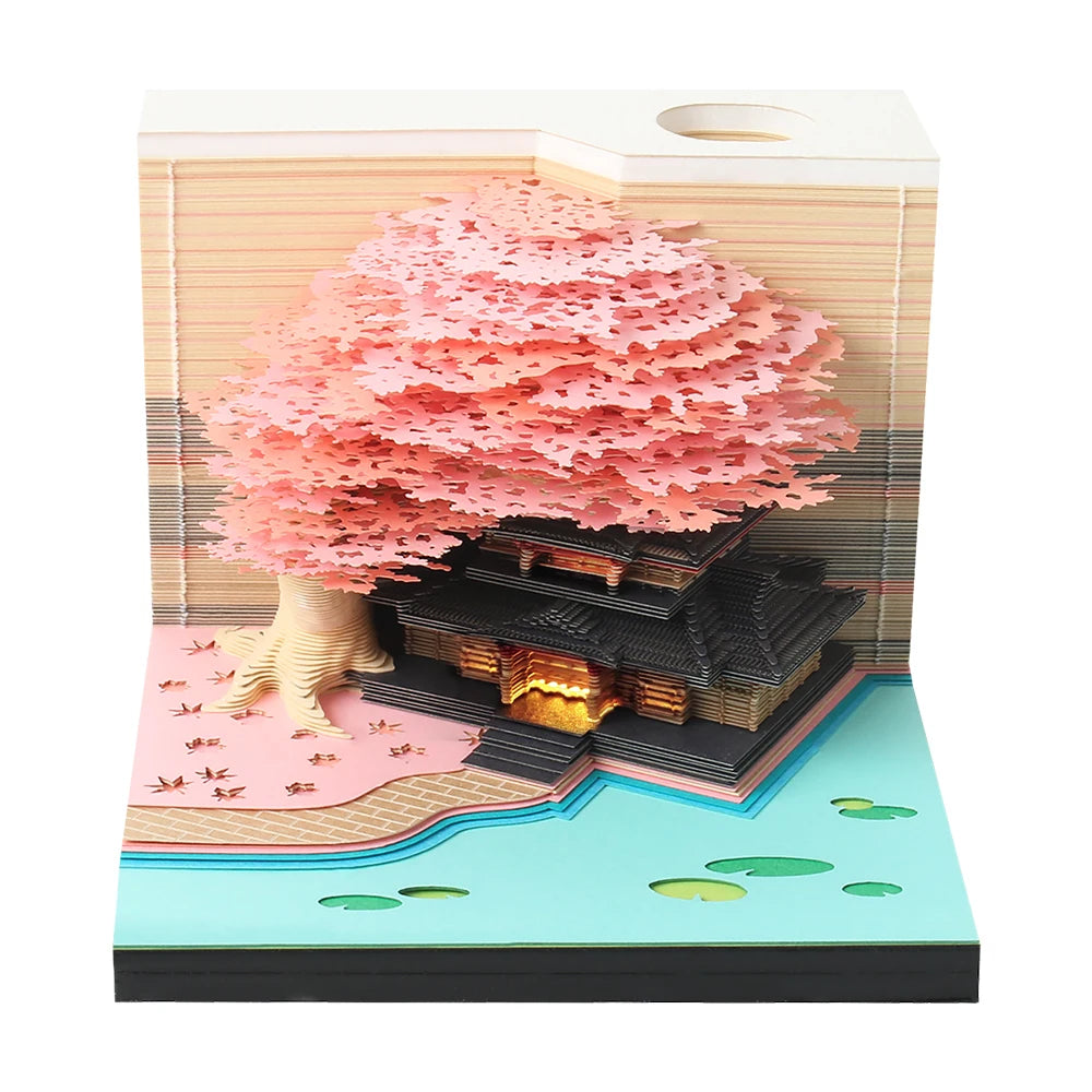 Omoshiroi Block 3D Notepad Cubes 160Sheets Diy House 3D Memo Pad Led Light Sticky Notes Paper Notes Stationery Christmas Gifts
