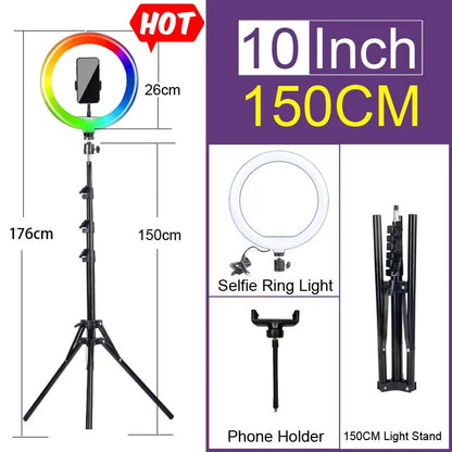 6-14" Ring Light 10 Dimming Levels 22 Modes Professinonal Fill Light 3CCT/RGB with Tripod & Phone/IPad Holder For Live streaming