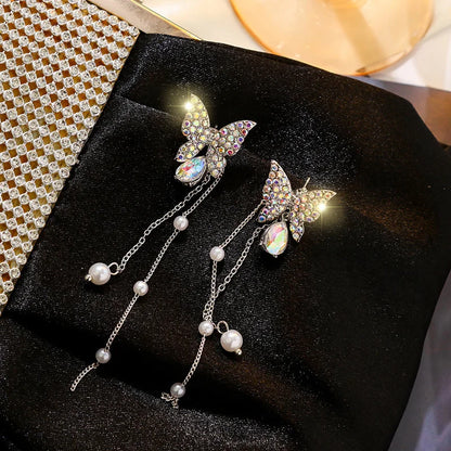 1Pair Korean Style Long Imitation Pearl Tassel Dangle Earrings For Women Trendy Full Crystal Fringe Drop Earring Vintage Jewelry