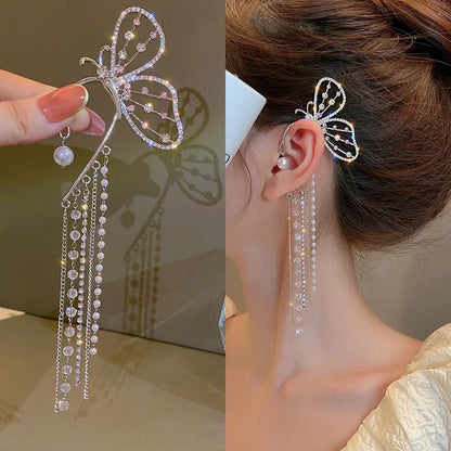 Fashion Crystal Butterfly Clip Earring for Women Pearl Bead Ear Cuff Long Tassels Charm Hollow Earrings Clip Xmas Jewelry Gifts