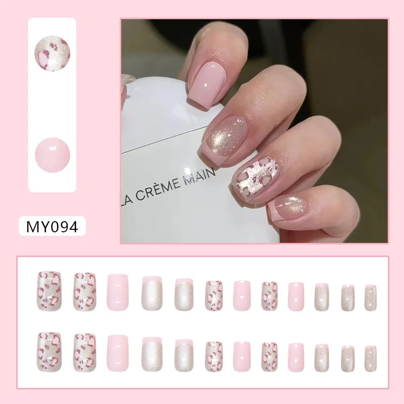 Caramel Flower 24 Pcs Press on Nails Pink Gradient Fake Nails Glossy Artificial Finger Manicure Reusable False Nails for Women