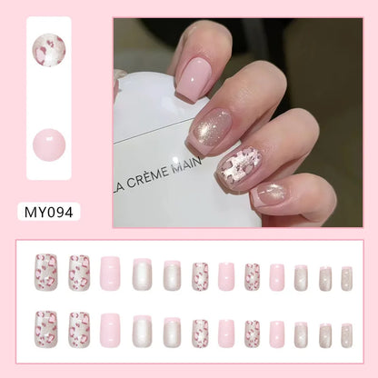 Caramel Flower 24 Pcs Press on Nails Pink Gradient Fake Nails Glossy Artificial Finger Manicure Reusable False Nails for Women