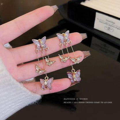 925 Silver Needle Purple Butterfly Long Tassel Earrings For Women Jewelry 2026 Trending Korean Fashion Luxury Crystal Earrings