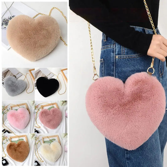 Fashion Women's Heart Shaped Handbags Cute Kawaii Faux Fur Crossbody Bags Wallet Purse Plush Chain Shoulder Bag Lady Handbag