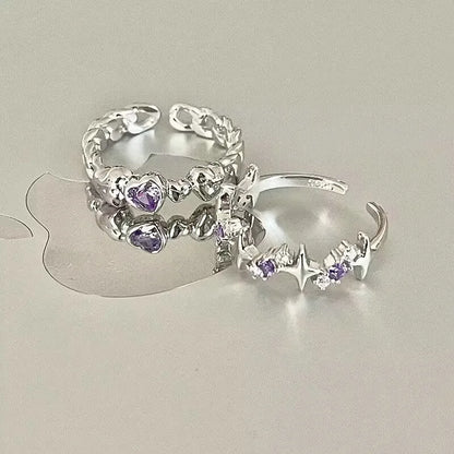 Korean Fashion Exquisite Purple Zircon Heart Star Ring Y2K Girls Pink Crystal Bow Knot Ring Women Party Dating Jewelry Gifts