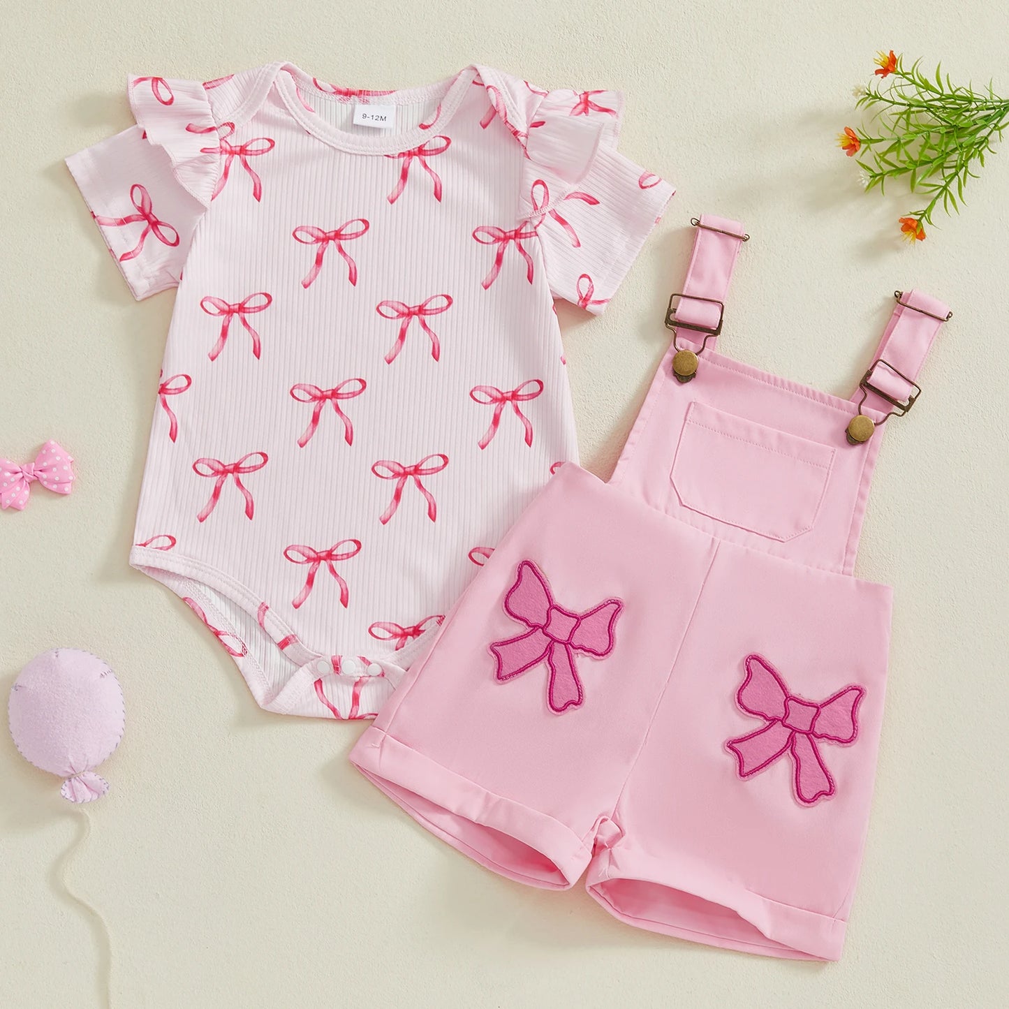 Fashion Baby Girl  Romper Overall Shorts 2 Pcs Set Infant Summer Bow Pattern Ruffled Crew Neck Short Sleeve Jumpsuits Clothes