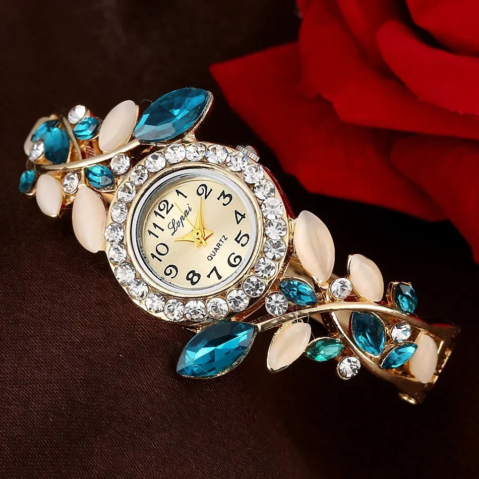 Vintage Women Quartz Watches Luxury Alloy Bangle Bracelet Watch Fashion Rhinestone Flower Ladies Watch Female Clock Reloj Mujer