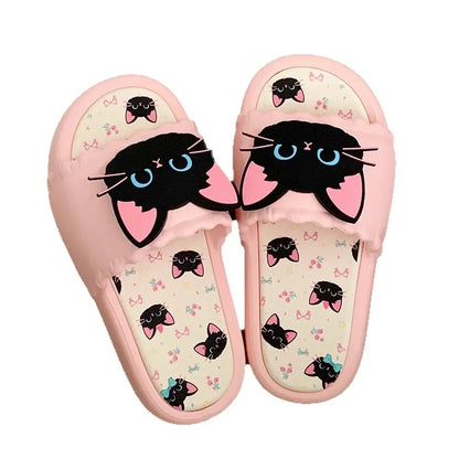 Summer Fashion Women's Slippers Cute Little Black Cat Sandals Soft Bottom Home Wear Couples Slippers PVC Material