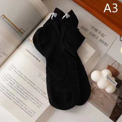 New Design Heel Bow Women Short Socks Lolita Kawaii Summer Thin Breathable Hollow Out Low Tube Sock Ins Trend White Cotton Socks