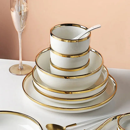 Ceramic Plates Bowls Gilt Rim White Porcelain Dinner Tray Kitchen Plates Ceramic Tableware Food Dishes Rice Salad Noodles Bowl