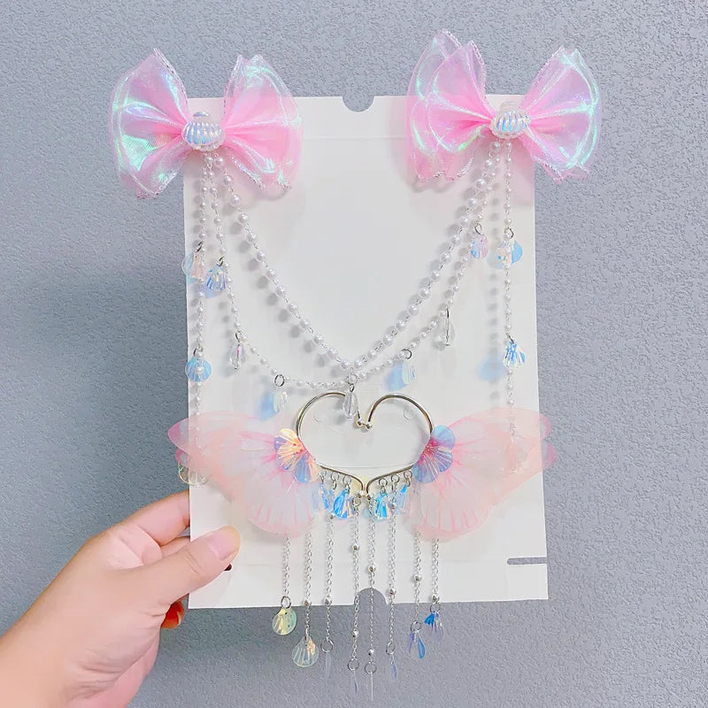 Sweet Tassel Hairclip Ear Hooks Set for Girls Kids Mermaid Elf Ear Cuffs Fairy Princess Non-Pierced Earrings Colorful Headwear