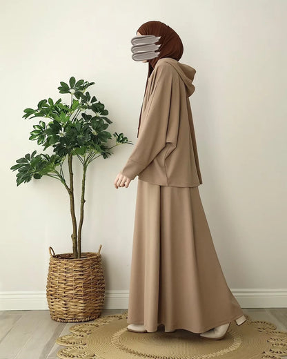 2pcs Knit Muslim Sets Womem Jilbab Casual Abaya Hooded Tops+Skirts Suits 2 Piece Hijab Set Kaftan 2026 Ramadan Eid Islam Clothes