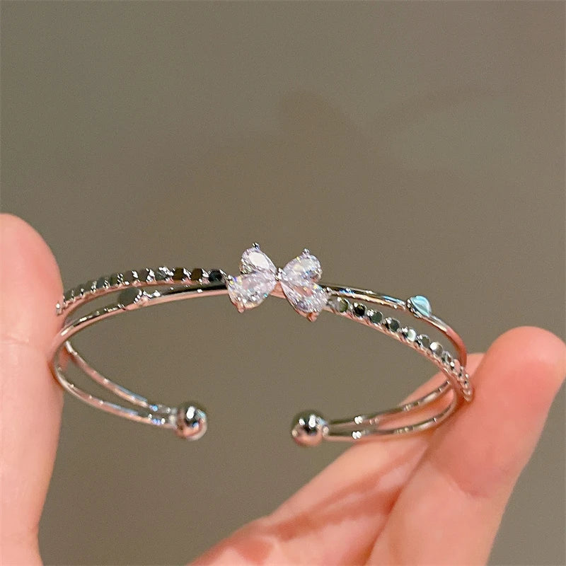New Fashion Luxury Sweet Bow Zircon Silver Color Copper Open Bracelets for Women Shiny Full of Rhinestone Jewelry Party Gift