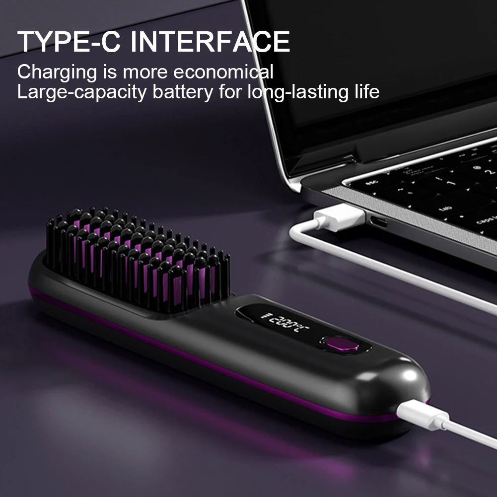 Portable Straightener Brush Cordless Hair Straightener Brush 3Setting Temperature Rechargeable Ceramic Hot Comb Brush for Travel