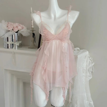 Pure Desire Butterfly Strap Lace Nightgown Breathable Mesh Sleepwear Sweet Tulle Date Night Sleep Suit Comfortable V-neck Sho...