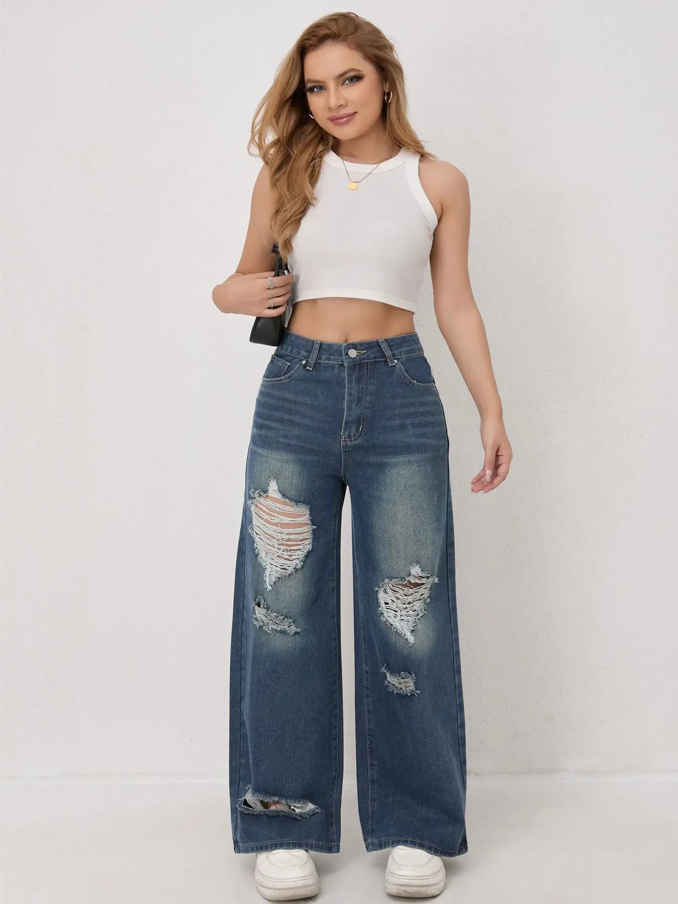 Autumn and Winter Trendy High-waisted Ripped Loose Wide-leg Straight-leg Jeans for Women Casual Fashionable and Versatile