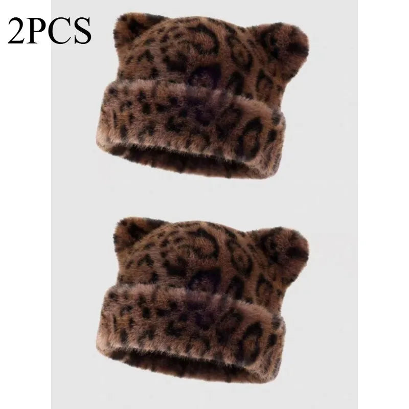 Leopard print plush teddy bear hat for women, sweet and cute, thick and warm, retro and versatile, hooded beanie.