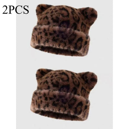 Leopard print plush teddy bear hat for women, sweet and cute, thick and warm, retro and versatile, hooded beanie.