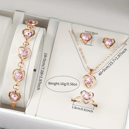 6PCS/Set Fashion Women's Quartz Watch Leather Band Analog Wrist Watches Heart Rhinestone Jewelry Set(Without Box)
