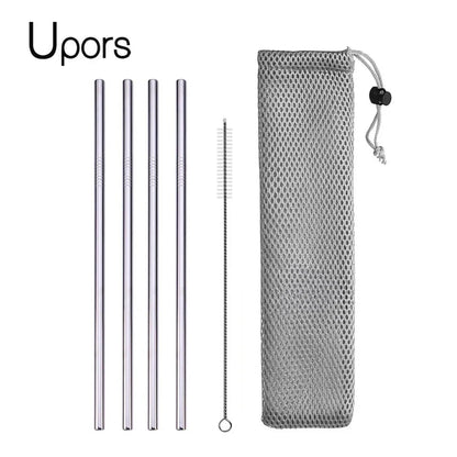 UPORS Reusable Drinking Straw 304 Stainless Steel Straws Straight Bent Metal Straw with Cleaner Brush Pouch Wholesale