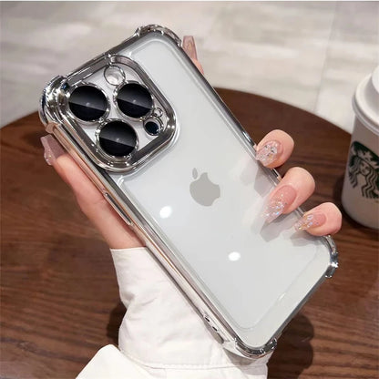Luxury Plating Shockproof Silicone Phone Case For iPhone 16 15 14 Plus 13 12 11 Pro Max Lens Protect Case Transparent Back Cover