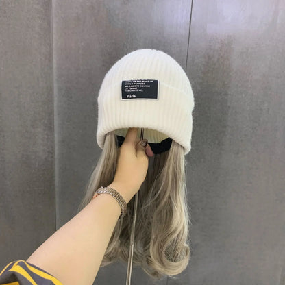 Beanies Hat With Hair Wigs For Women Long  Synthetic Wig Warm Soft Ski Knitted Autumn Winter Cap