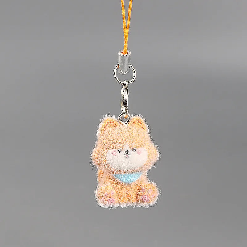 Cute Plush 3D Cat Keychain Creative Flocking Animal Pendant Bag Phone Lanyard Hanging Keycord Charm Keychain DIY Accessories