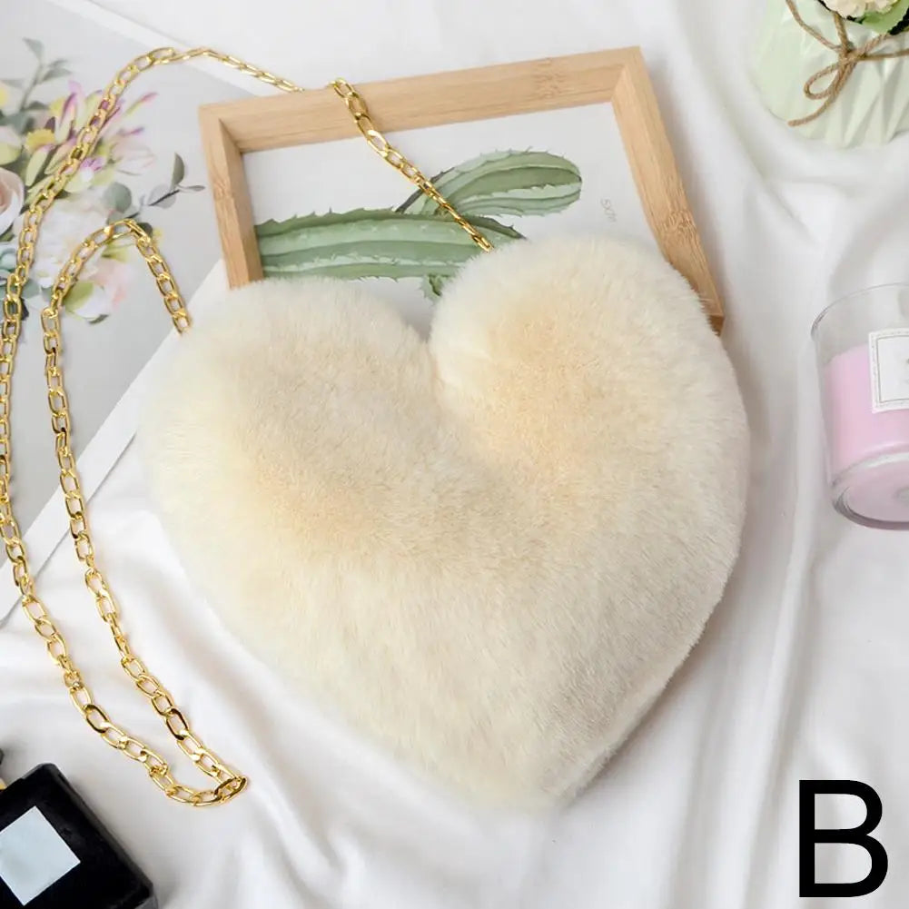 Fashion Women's Heart Shaped Handbags Cute Kawaii Faux Fur Crossbody Bags Wallet Purse Plush Chain Shoulder Bag Lady Handbag