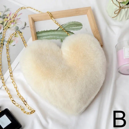 Fashion Women's Heart Shaped Handbags Cute Kawaii Faux Fur Crossbody Bags Wallet Purse Plush Chain Shoulder Bag Lady Handbag