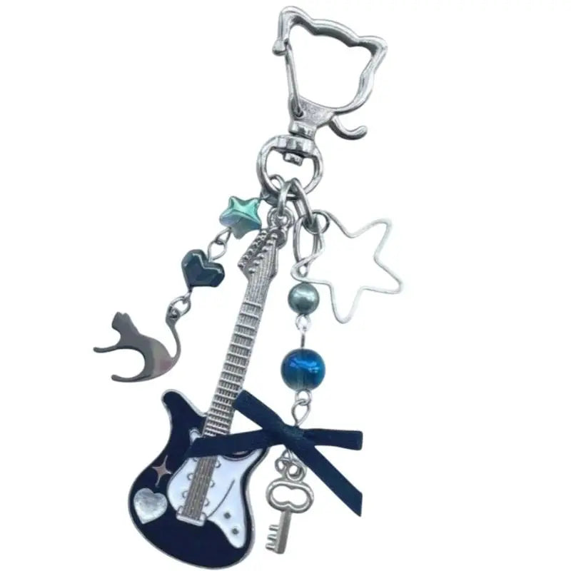 1Piece Y2K Guitar Cat Key Chain For Men Women Pentagram Bow Pendant Fashion Rock Punk Bag Accessories Gift