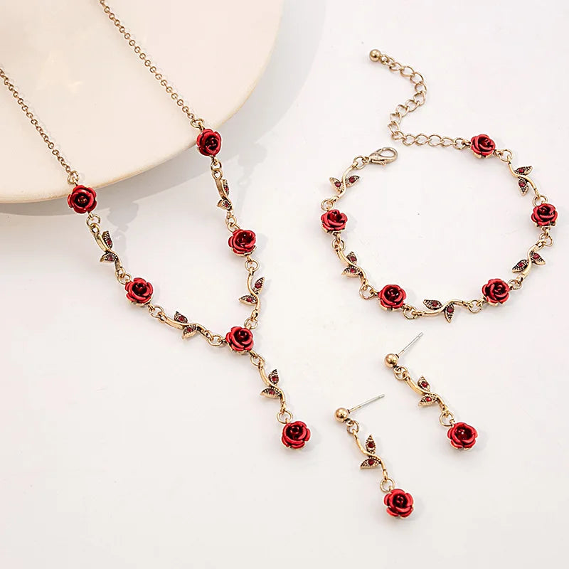 Vintage French Red Rose Flower Necklace Bracelet Set for Women Fashion Romantic Clavicle Chain Necklace Engagement Jewelry Gifts