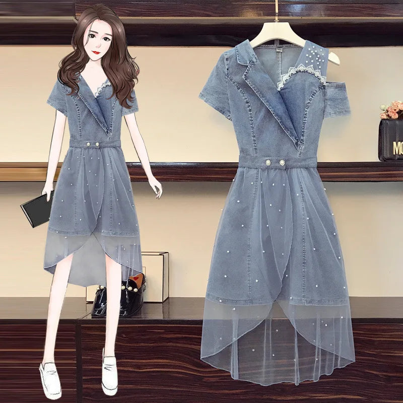 Fashionable Denim Two-Piece Set Women's Shoulder Bared Dress Design Sensation Summer Slimming Goddess Style Skirt Trendy
