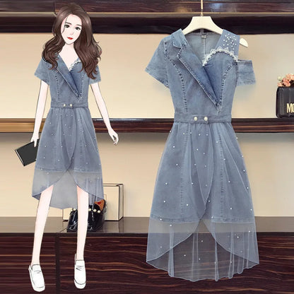Fashionable Denim Two-Piece Set Women's Shoulder Bared Dress Design Sensation Summer Slimming Goddess Style Skirt Trendy