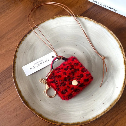 Retro Cute Small Leopard Print Leather Bag Pendant Necklaces for Women Sweater Long Rope Chain Neck Hanging Jewelry Accessory C