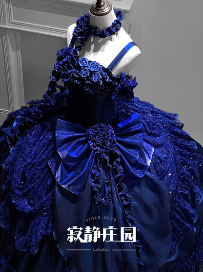 Original Heavy Industry Blue Lolita Maxi Dress Summer New Woman Slim-Fit Elegant Retro Gothic Suspender Dress Jsk Princess Dress