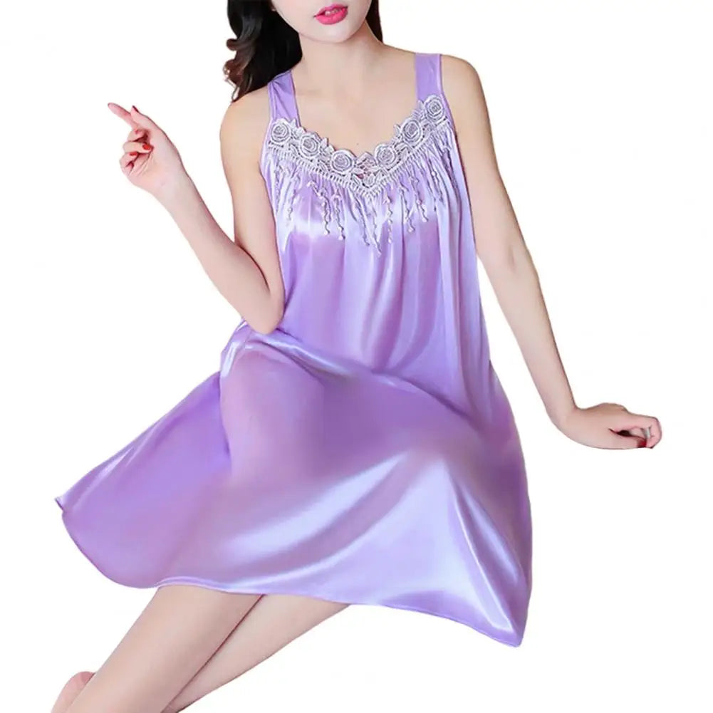 Lady Pajamas Solid Color Smooth Lace Patchwork Night Dress Comfortable Ventilate Casual Fashion Summer Women Night Gown Nightie