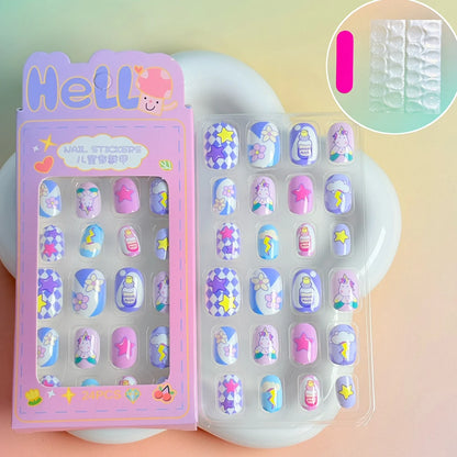 24PC/Box Children's Press On Nails With Jelly Glue Girl's Colorful Cartoon Full Cover Bear Bunny Cat Pattern Fake Nail FalseNail
