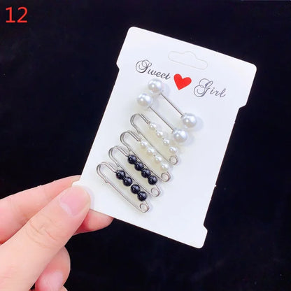 6pc Pearl Brooches Set Waist Buckle Cardigan Jeans Button Brooch Pins Women Sweater Coat Anti Fall Pearls Clothes Pin Decoration