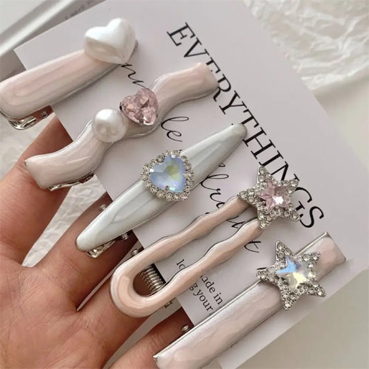5Pcs/Set Trendy Sweet Galaxy Pink Hair Clips Cool Shiny Heart Shape Hairpins Star Pentagram Rhinestone Barrettes Women Girls