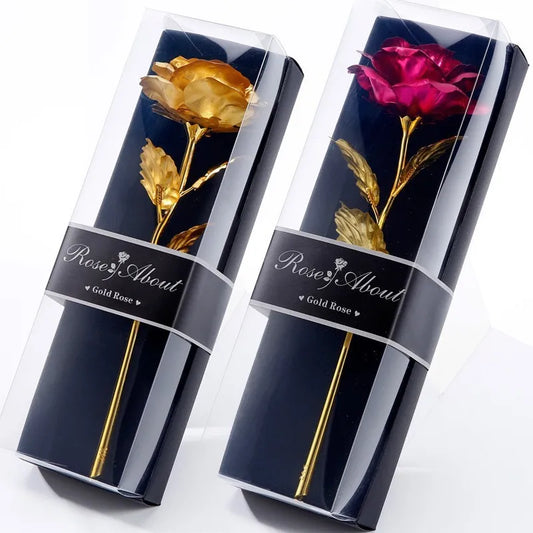 Golden Rose Flower with Gift Box Valentine Day Gift Artificial Roses Foil Rose Flowers Party Wedding Decor Present For Lover
