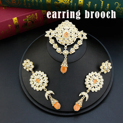 Sunspicems Moroccan Jewelry Sets For Women Gold Color Caftan Waist Chain Belt Orange Bead Choker Necklace Drop Earring Brooch