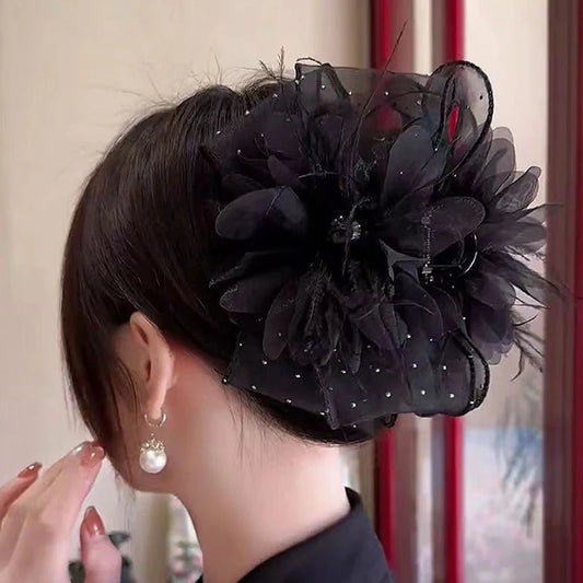 1PC 11/13cm Mesh Lace Black Feather Ribbon Bow Hair Claws Hairpin Big Ponytail Holder Hair Clips Hair Accessories For Women