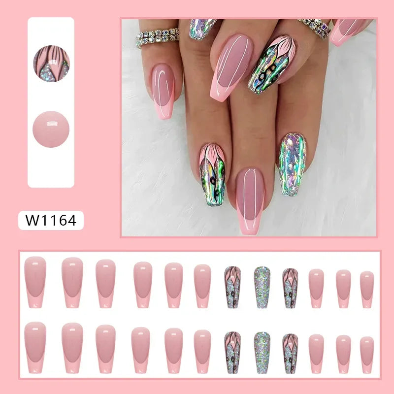 Fresh Green Tea 24 Pcs Fake Nail with Jelly sticker Press on False Nails Wearable Round Head Oval Full Cover Nail Tips
