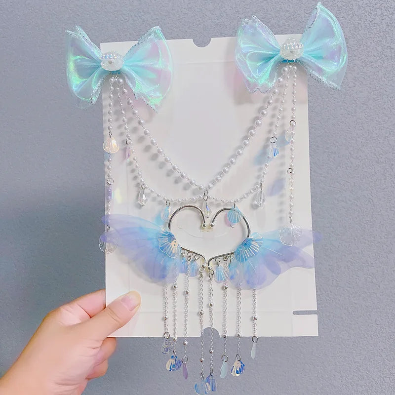 Sweet Tassel Hairclip Ear Hooks Set for Girls Kids Mermaid Elf Ear Cuffs Fairy Princess Non-Pierced Earrings Colorful Headwear
