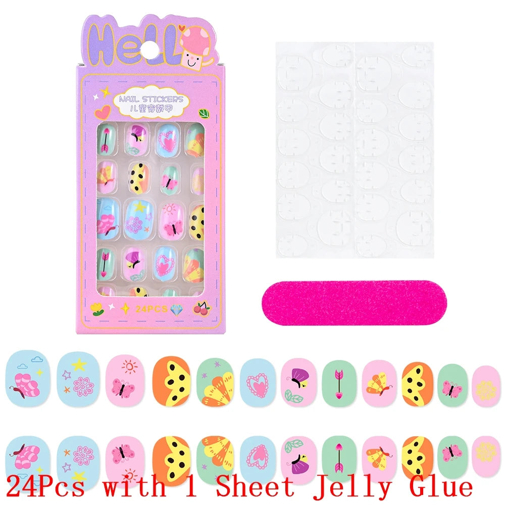 12pcs Cute Kids Dress-Up Fake Nail Girls Press on Nails Princess Pretend Play Toy Nail Tips Self-adhesive Children False Nails *