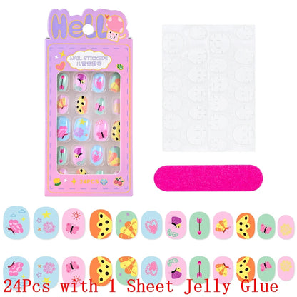 12pcs Cute Kids Dress-Up Fake Nail Girls Press on Nails Princess Pretend Play Toy Nail Tips Self-adhesive Children False Nails *