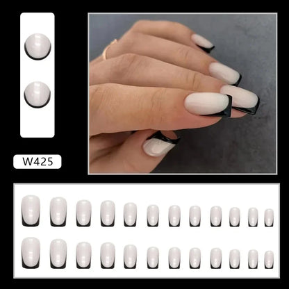 Fresh Green Tea 24 Pcs Fake Nail with Jelly sticker Press on False Nails Wearable Round Head Oval Full Cover Nail Tips