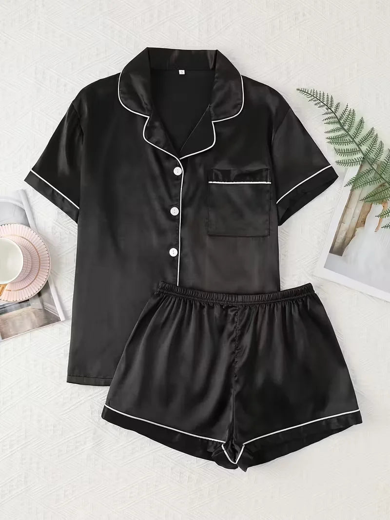 Summer Comfortable Sleepwear Relaxed Fit Solid Satin Women's Casual Pajama Set, Short Sleeve Buttons Lapel Top & Shorts